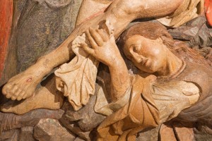 BANSKA STIAVNICA, SLOVAKIA - FEBRUARY 5, 2015: The detail of carved statue of Pieta (Mary of Magdala) as the part of baroque Calvary from years 1744 - 1751 by Dionyz Stanetti.